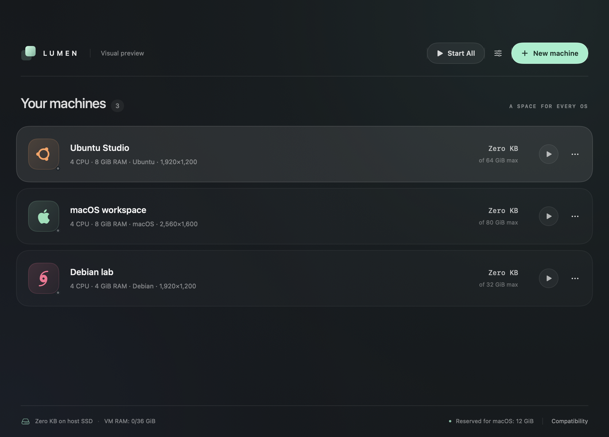 Lumen's native macOS virtual machine library, shown with demo machines