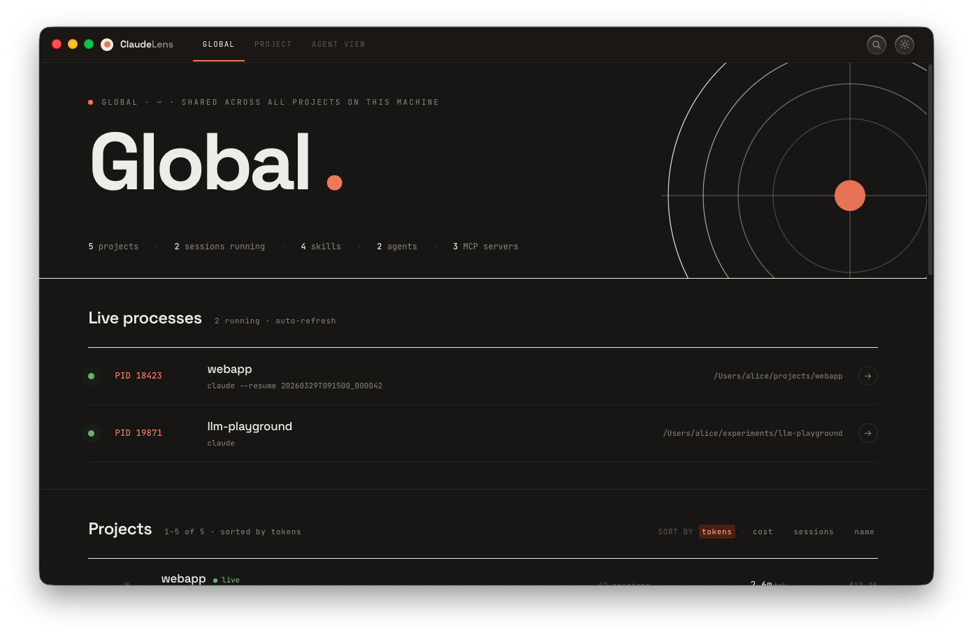 ClaudeLens — Global Home Dark