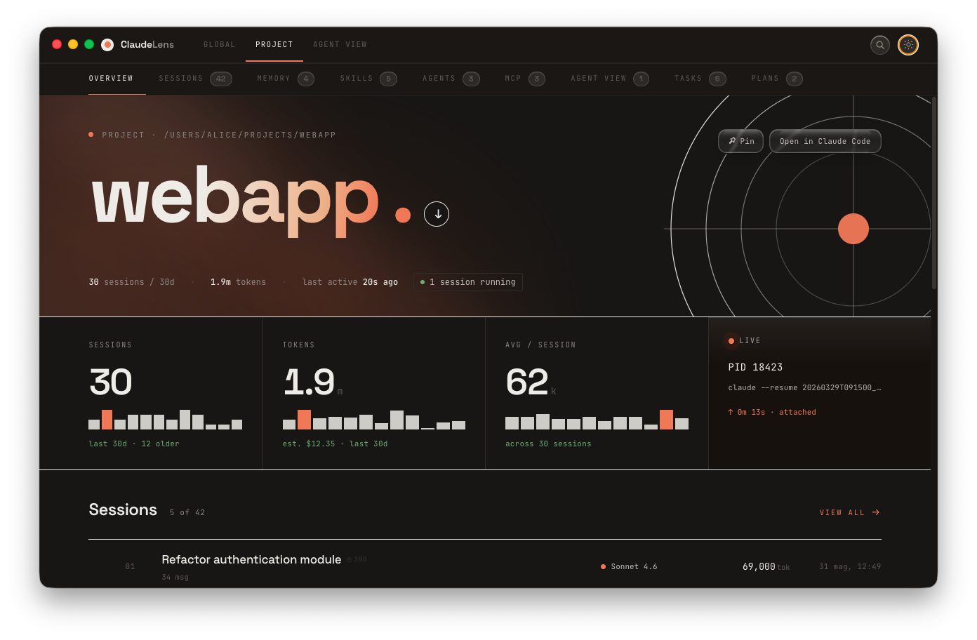 ClaudeLens — Project Overview Dark