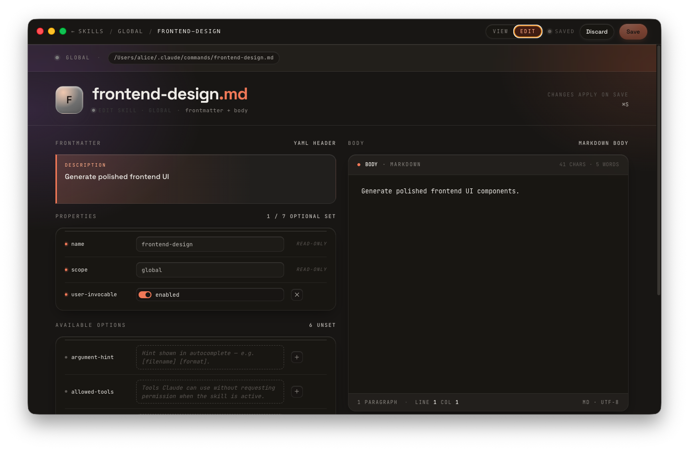 ClaudeLens — Skill Editor Dark