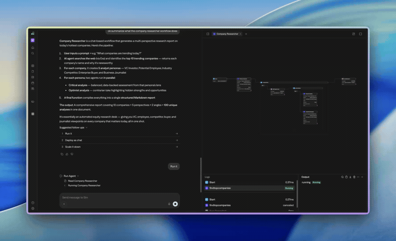 Sim building and running an agent from chat