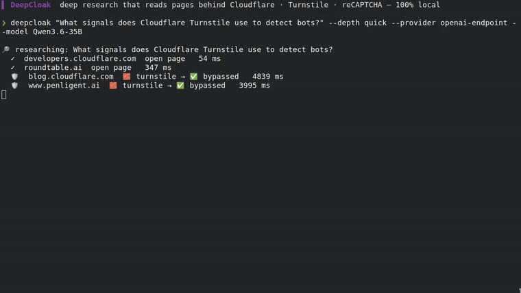 DeepCloak running: it detects a Cloudflare Turnstile, escalates, and bypasses it — then writes a cited report