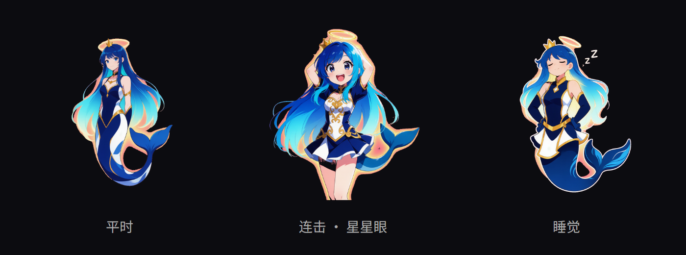 三档连击表现：平时 / 连击 / 星星眼