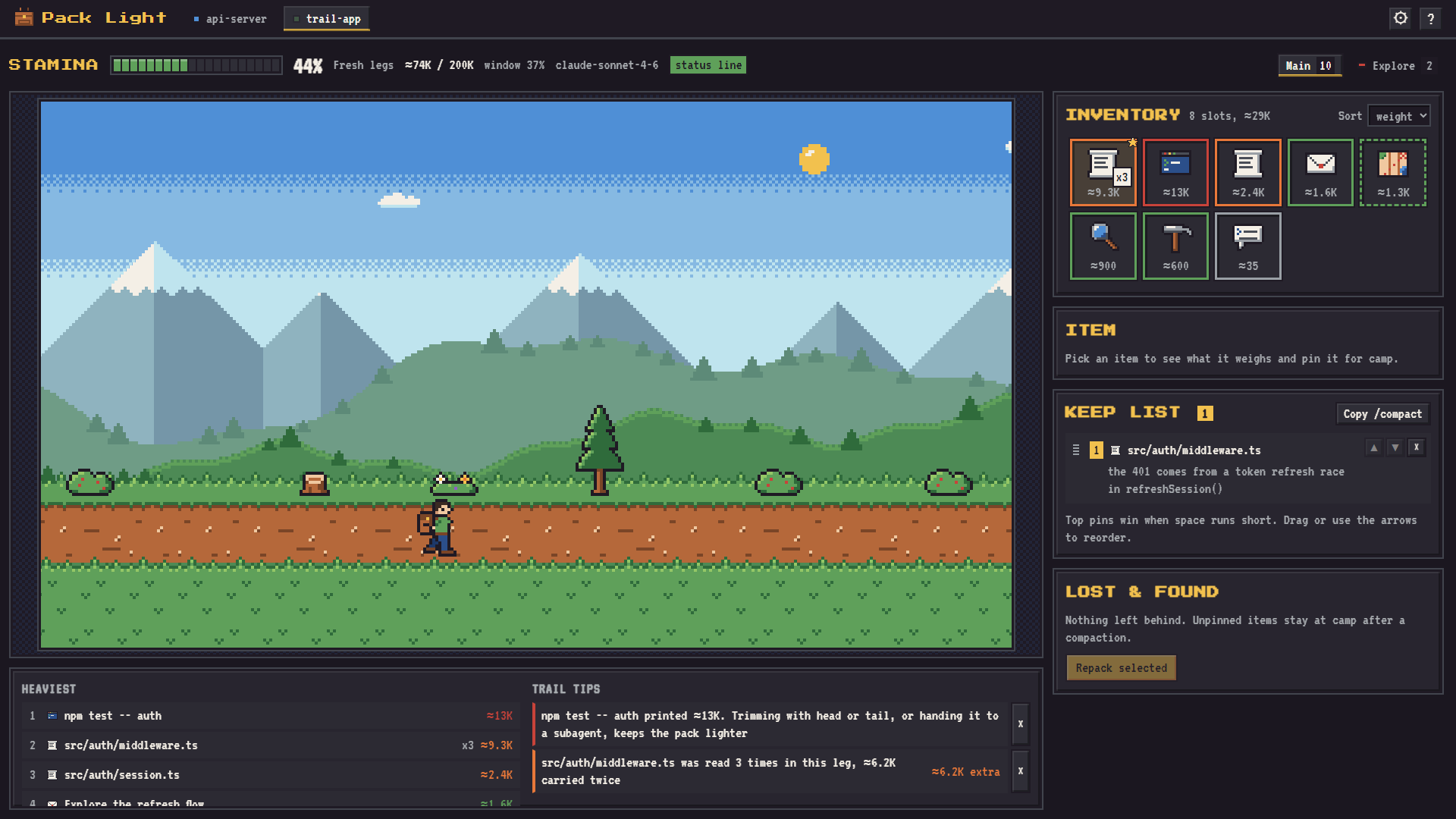 The app mid-session with the trail scene, the inventory with a read stacked x3, the Keep List and trail tips