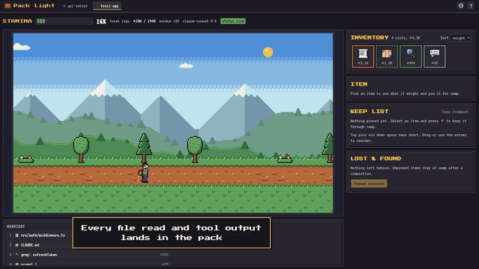 A pixel hiker carries a growing backpack of file reads and command output, camps when the context window compacts, and keeps the pinned items