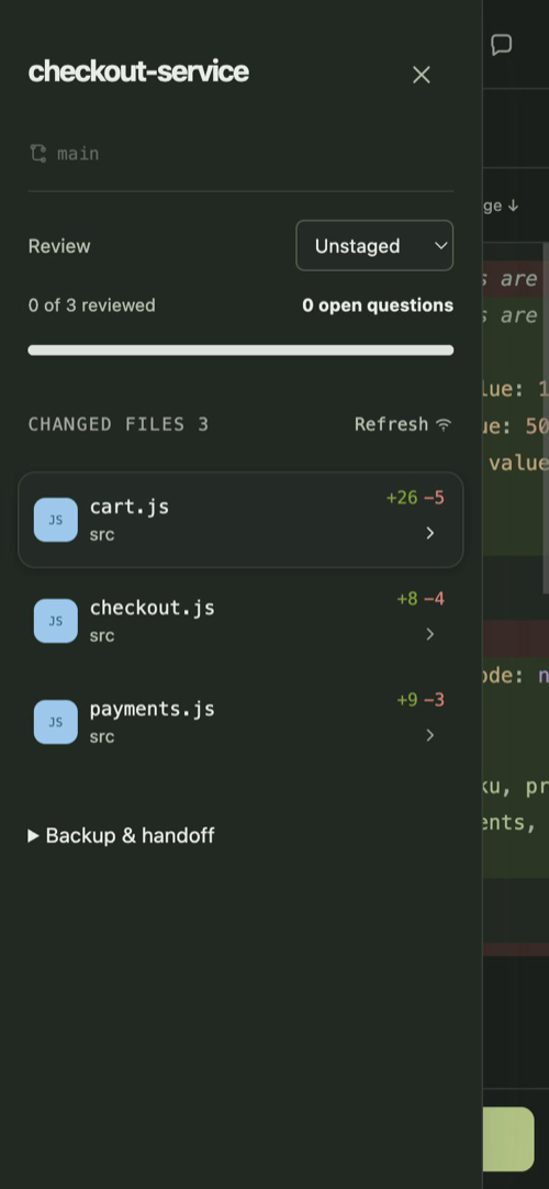 Review queue listing three changed files with their added and removed line counts