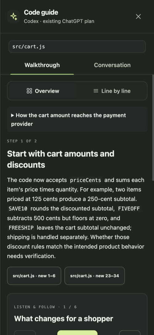 A step of the AI guided walkthrough explaining the changes