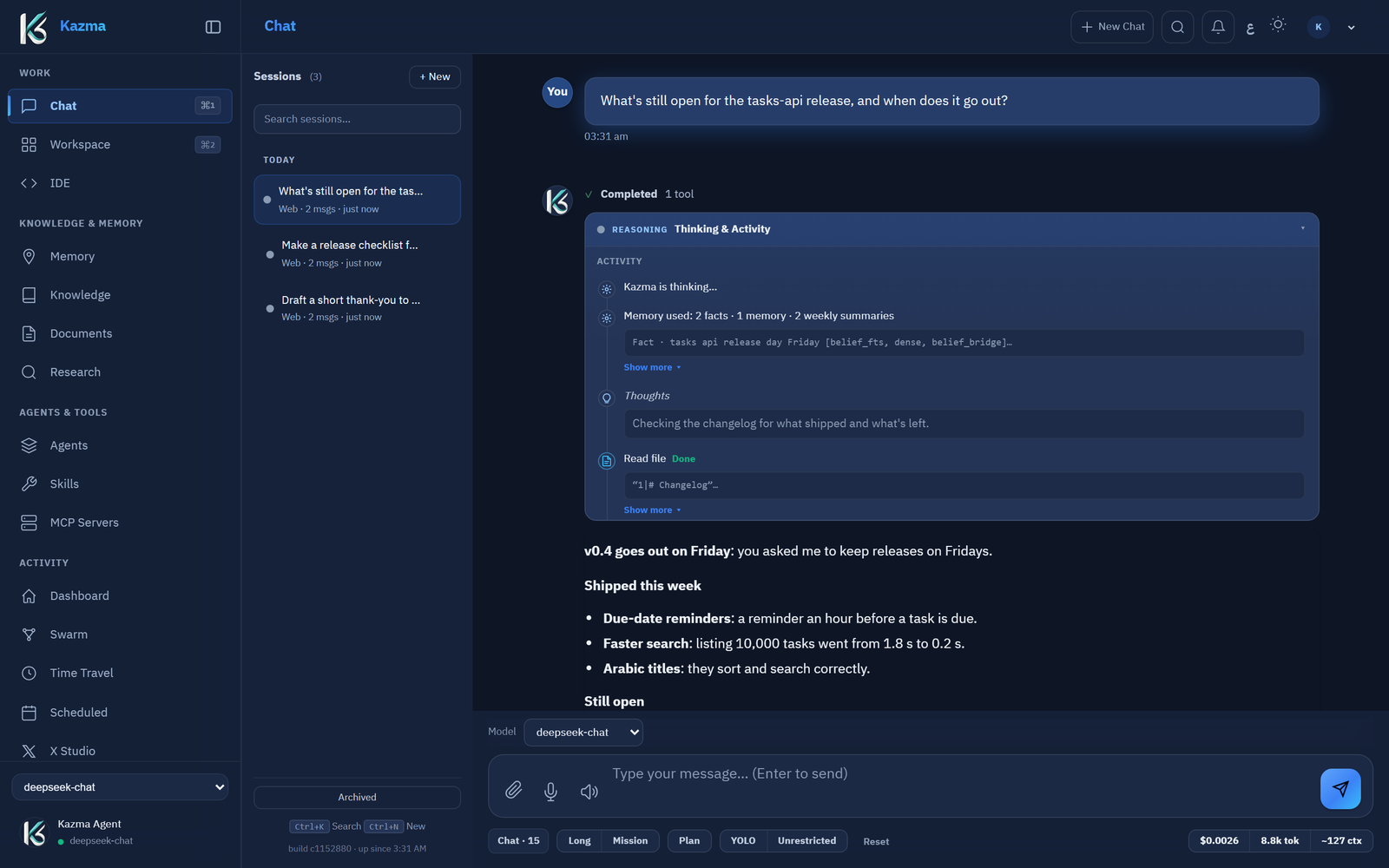 Kazma's chat: an answer with the memory it used and the steps it took