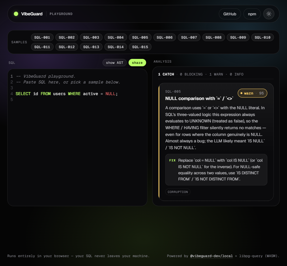 VibeGuard playground — dark theme