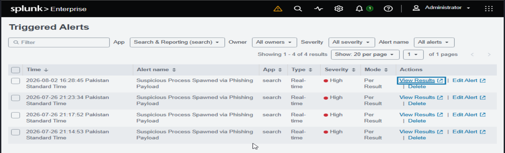 Splunk 已触发警报历史记录