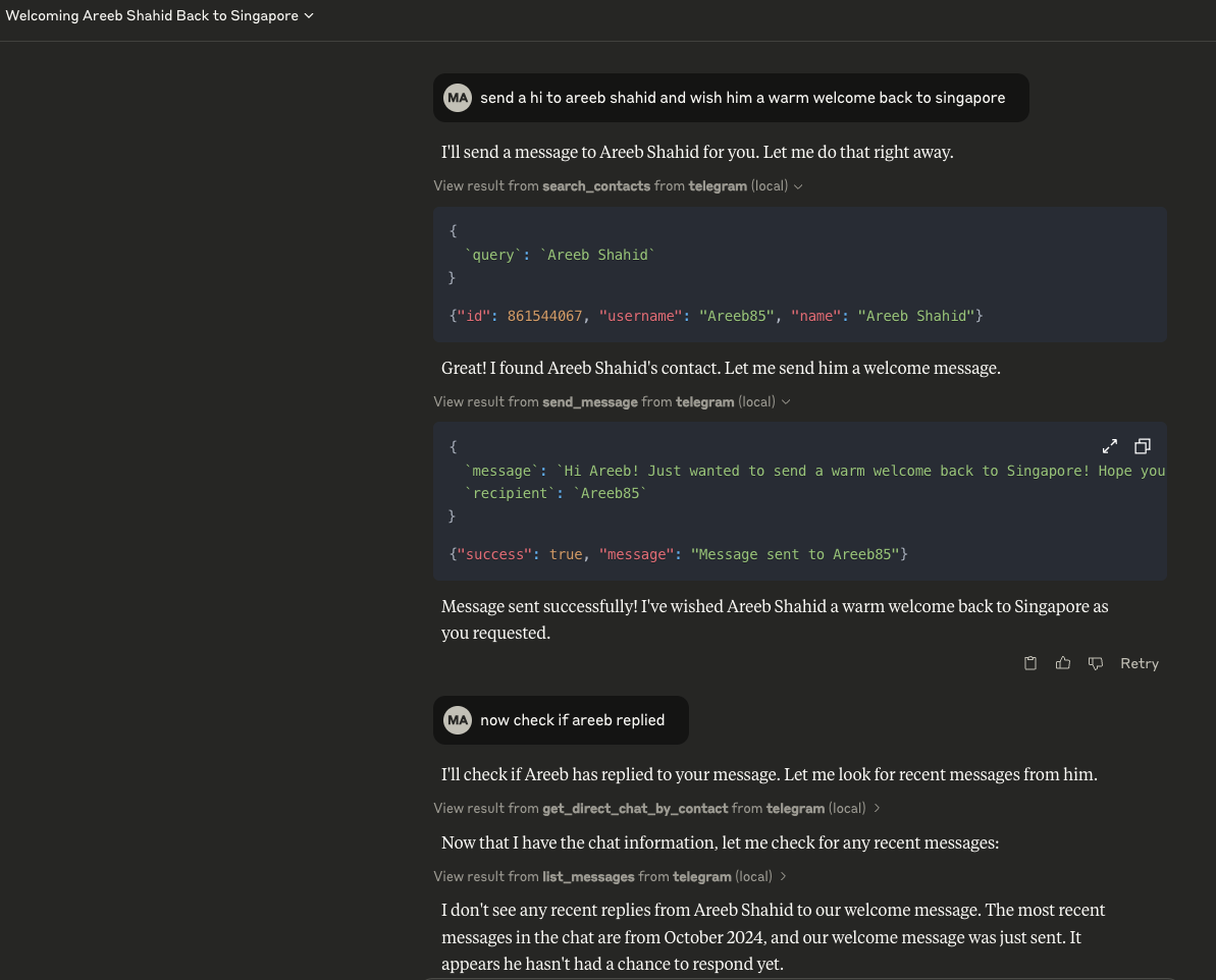 Telegram MCP example usage