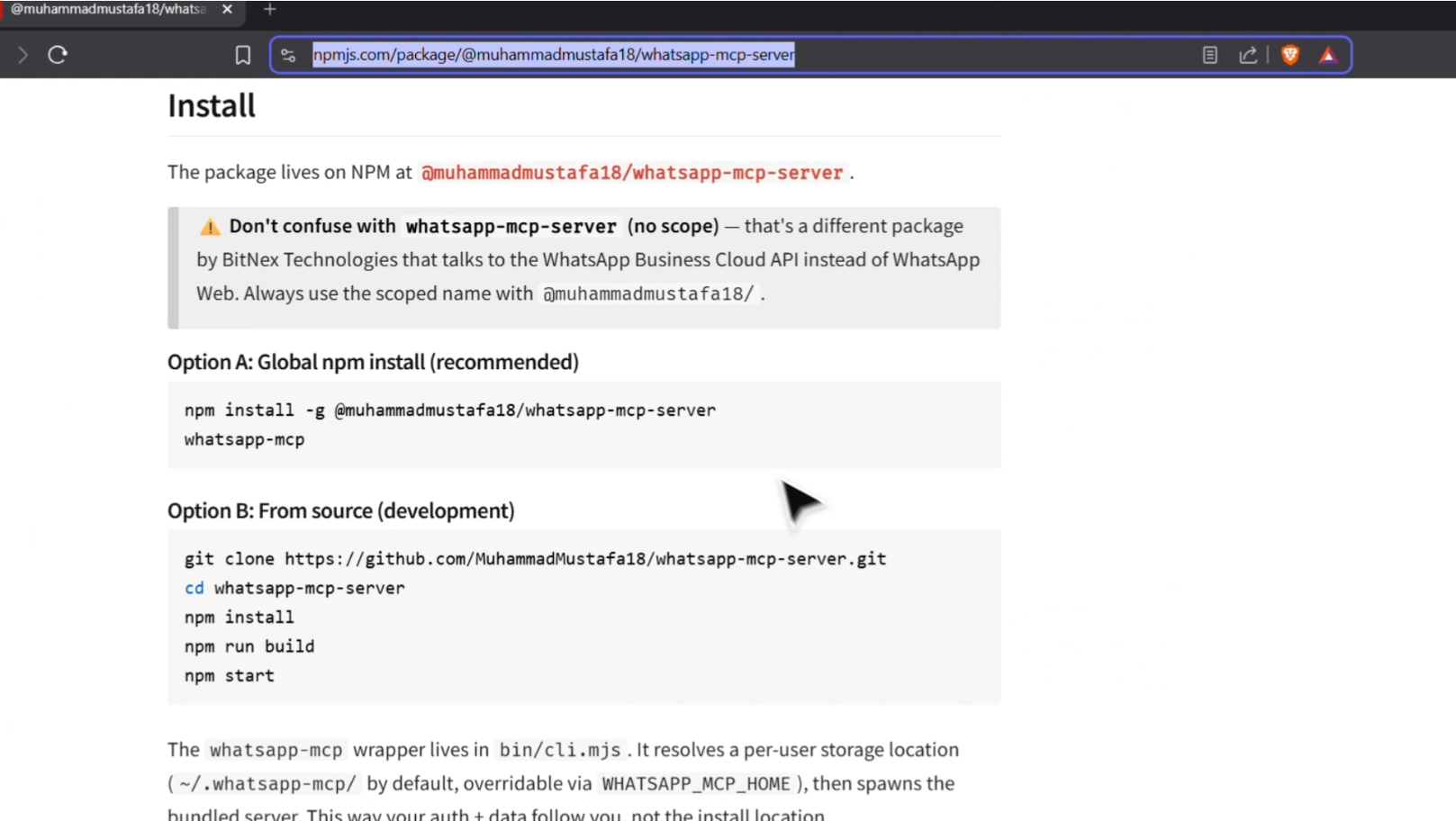 Install command on NPM page