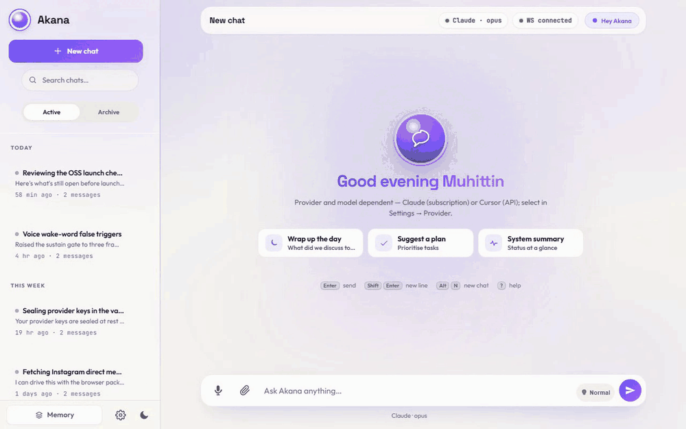 Akana demo — one question, memory recalled across three tool calls, a real briefing written back