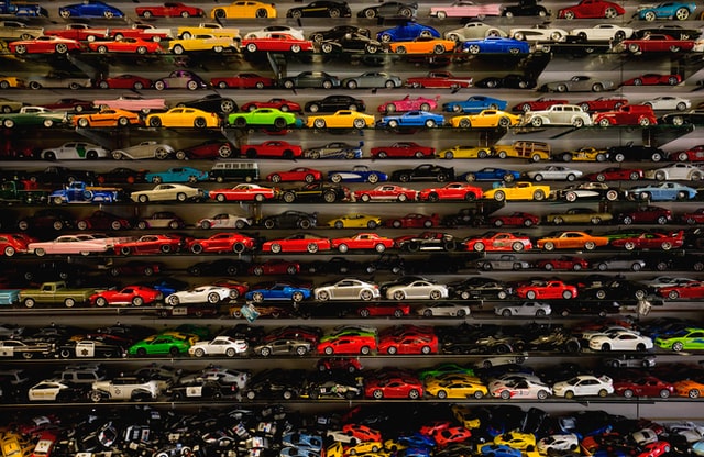 shelves filled with colorful model cars