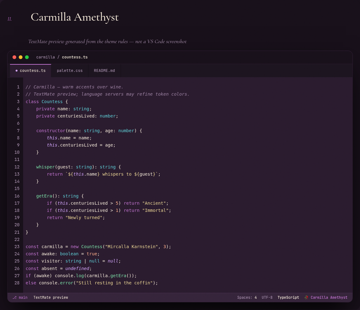 Carmilla Amethyst: orchid keywords on a violet background