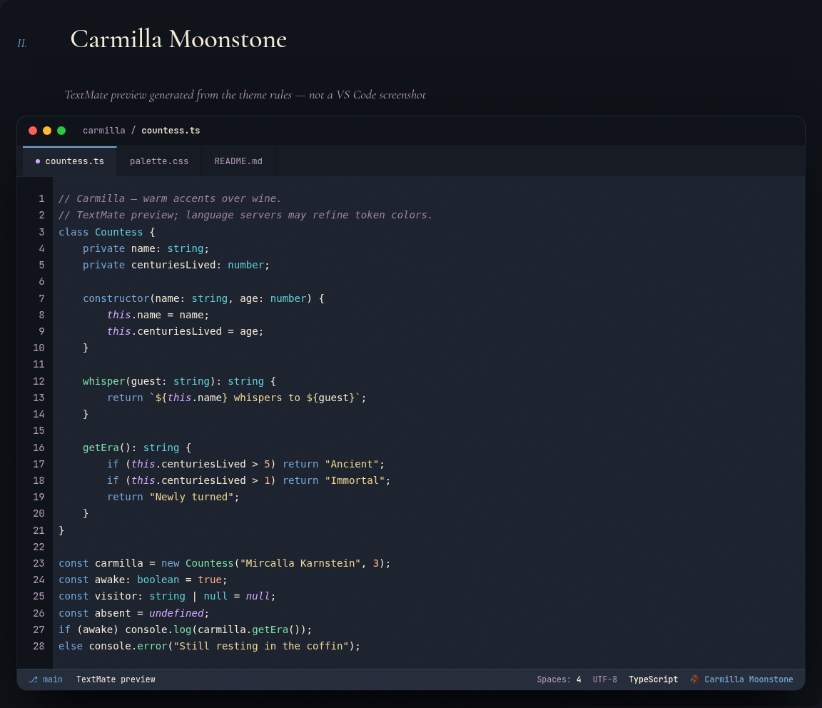 Carmilla Moonstone: sky-blue keywords on a slate background