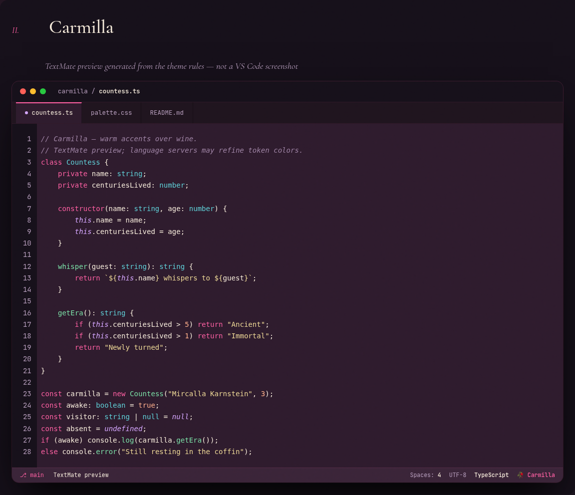 Carmilla: carmine keywords on a wine background