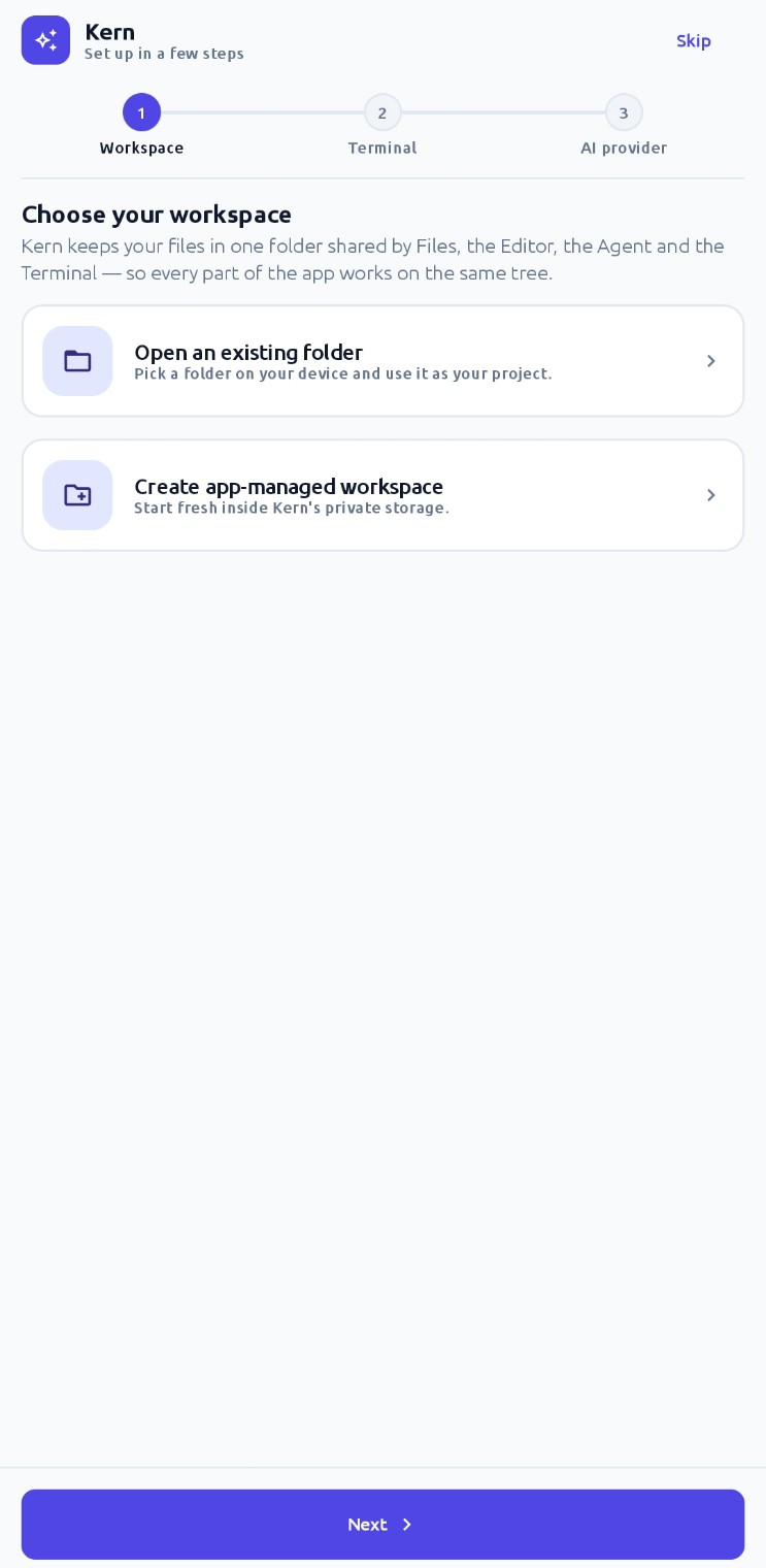Setup wizard workspace step