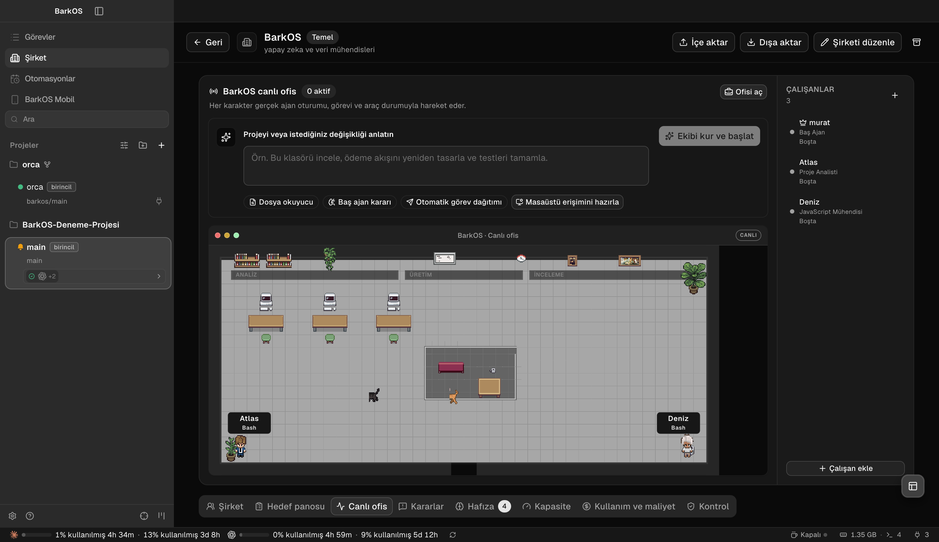 BarkOS live pixel office showing active AI agents and their tasks