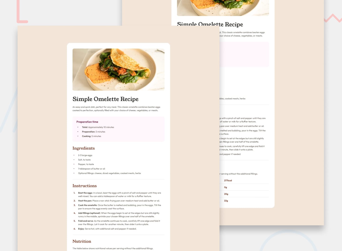 Design preview for the Recipe page coding challenge