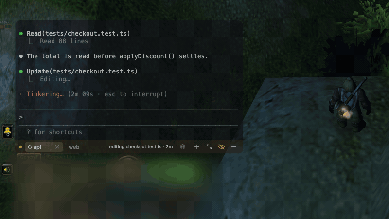 Over World of Warcraft, a tab's spinner turns into a question mark and a card asks to run npm test; ⌃⌥Y allows it, and a second card says Claude finished