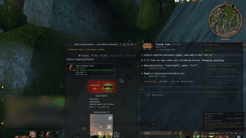Over World of Warcraft, ⌃⌥P fills the screen with an opaque terminal while Claude keeps working, and pressing it again puts the window and a floating Wowhead page back where they were