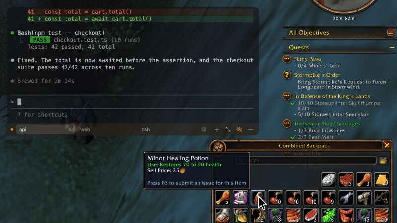 Pointing at a Minor Healing Potion in the World of Warcraft bag and pressing ⌃⌥Q opens its Wowhead page in a web tab