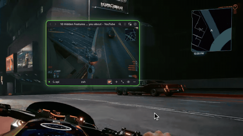 Over Cyberpunk 2077, a YouTube guide playing in a web tab pops out into a floating window, keeps playing with the game showing through after a click in the game, and ⌃⌥V pauses it