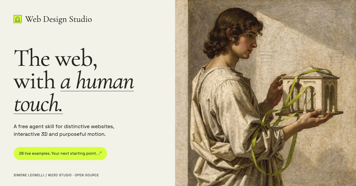 Web Design Studio — the web, with a human touch. Original Renaissance-inspired artwork beside the studio identity.