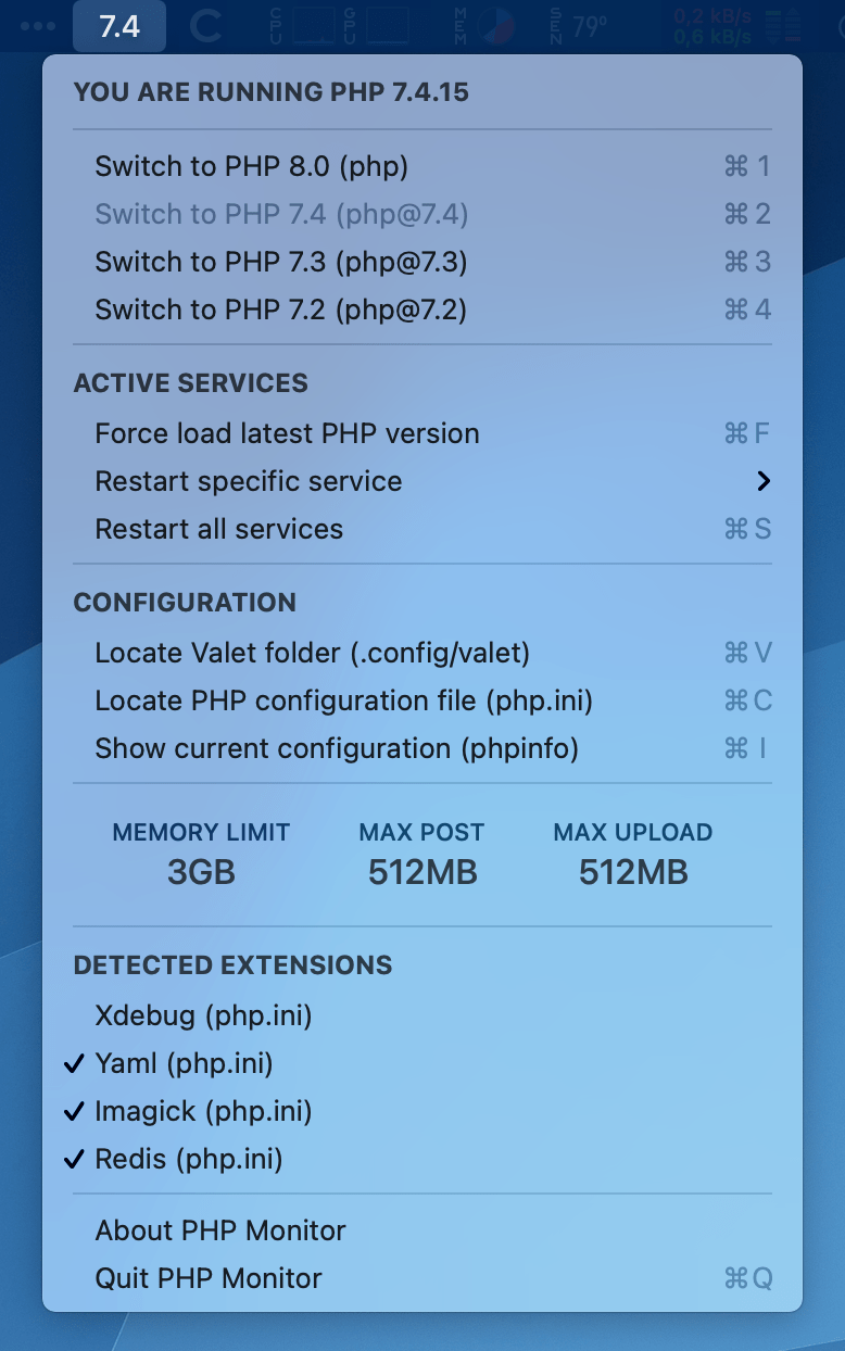 phpmon screenshot (menu bar app)