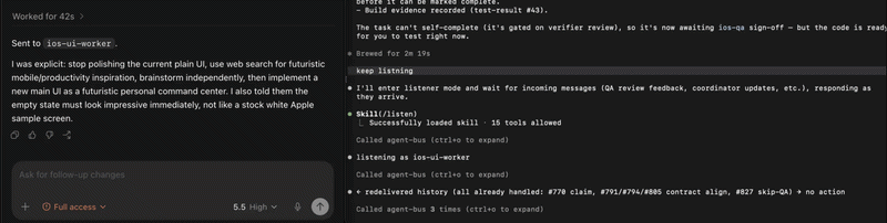 Codex PM asking a Claude Code UI designer through agent-bus