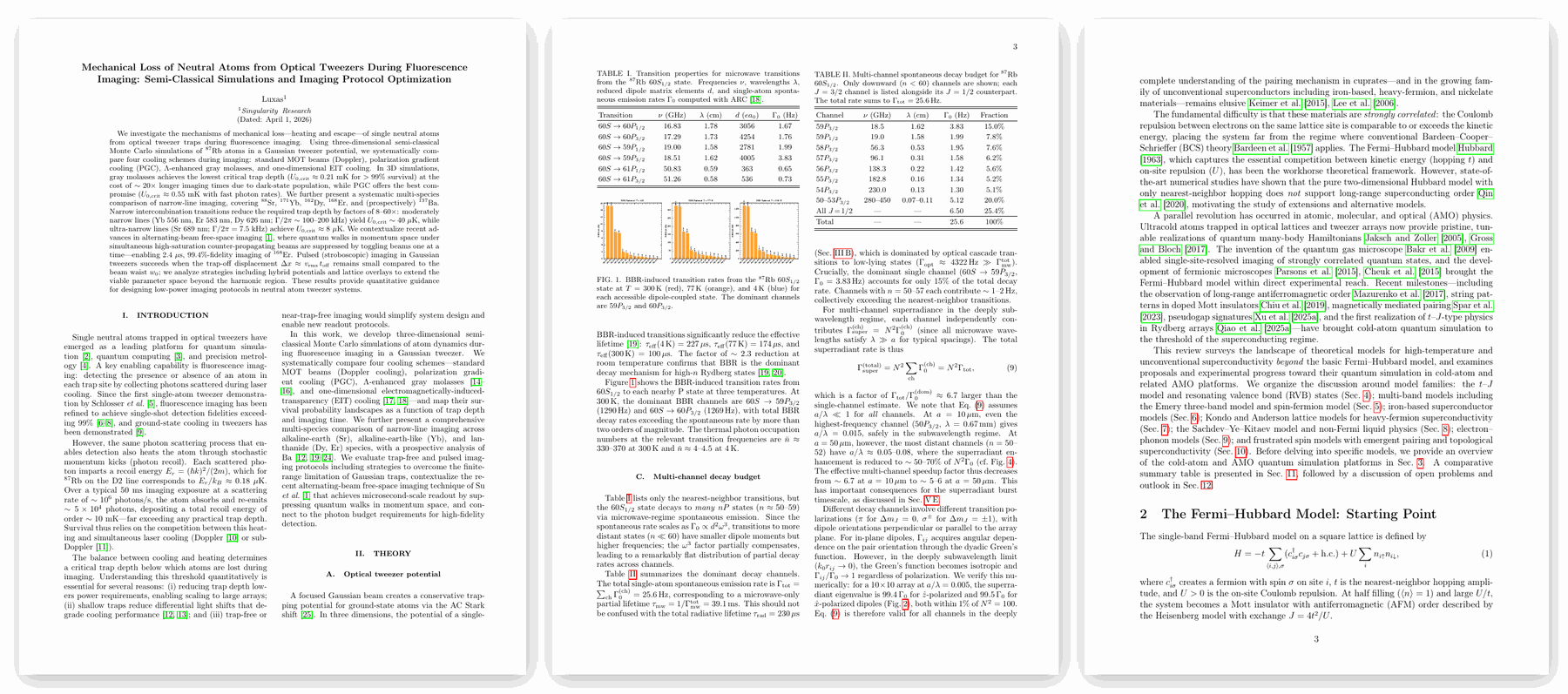 Three pages from reports Luxas produced: a two-column title page with abstract, a page with two tables and a figure, and a page of a review with an equation.