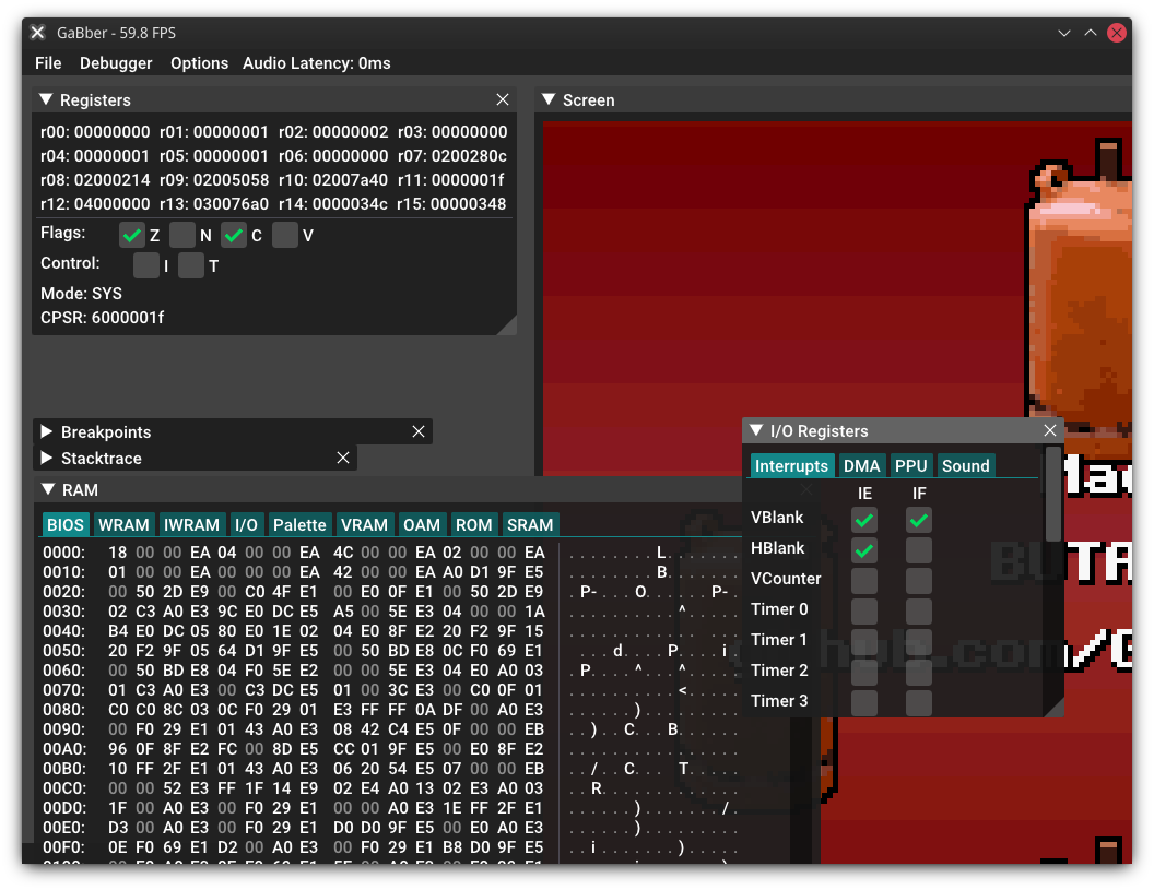 Screenshot of GaBber's debugger functionality