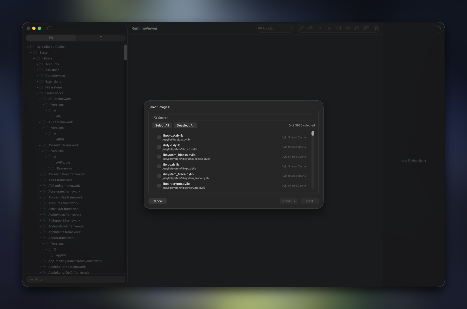 Dyld shared cache tree with the export wizard's image selection step