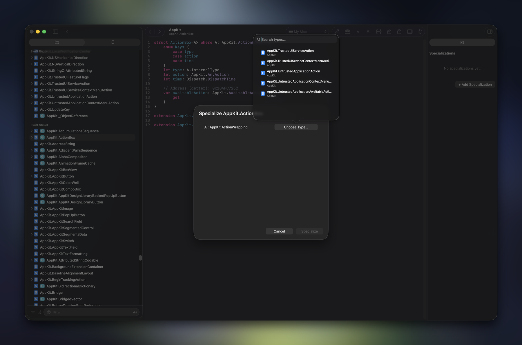 Specialize dialog with a searchable type picker for a generic parameter