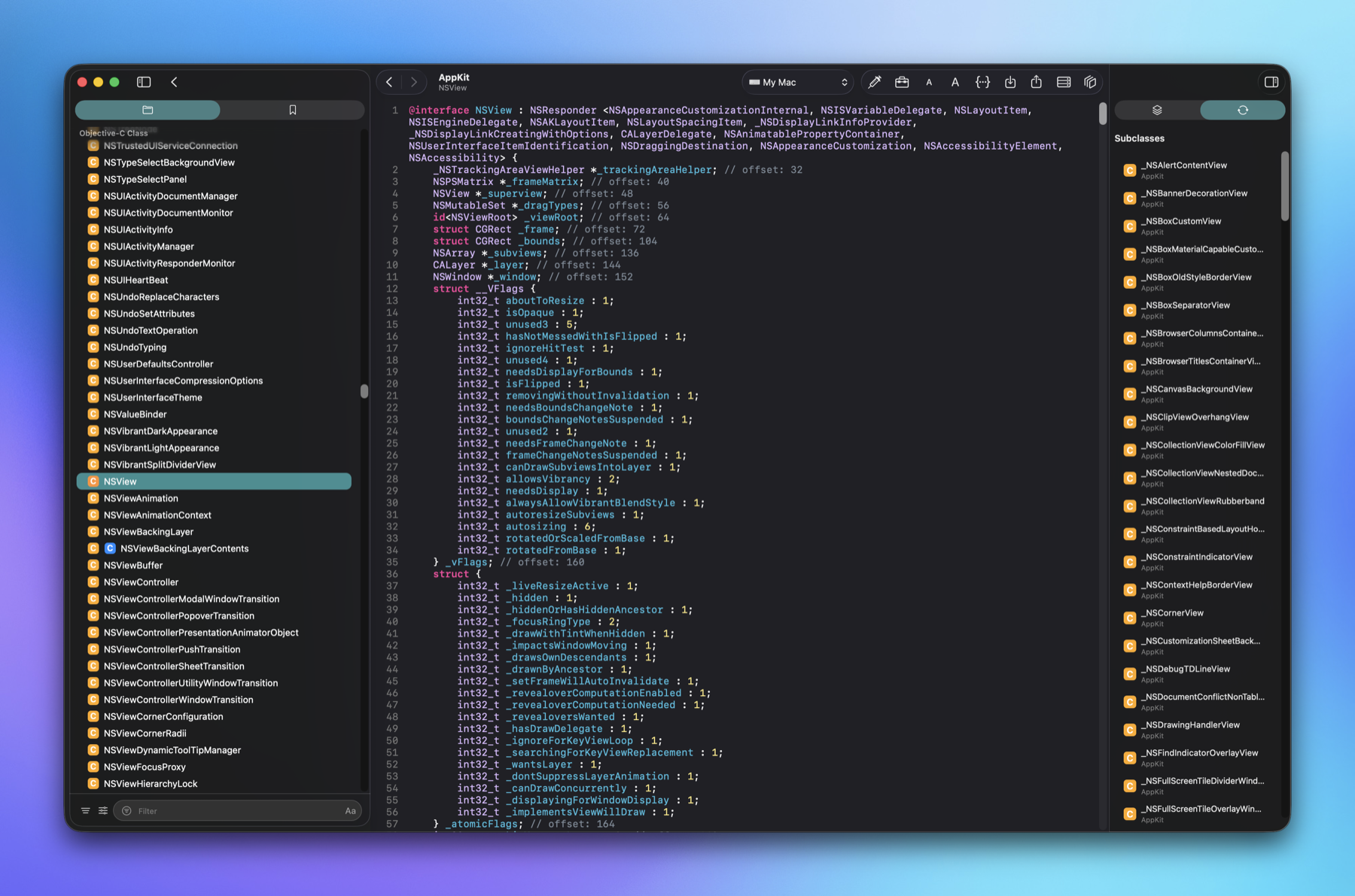 Objective-C class interface with ivar offsets and subclass inspector