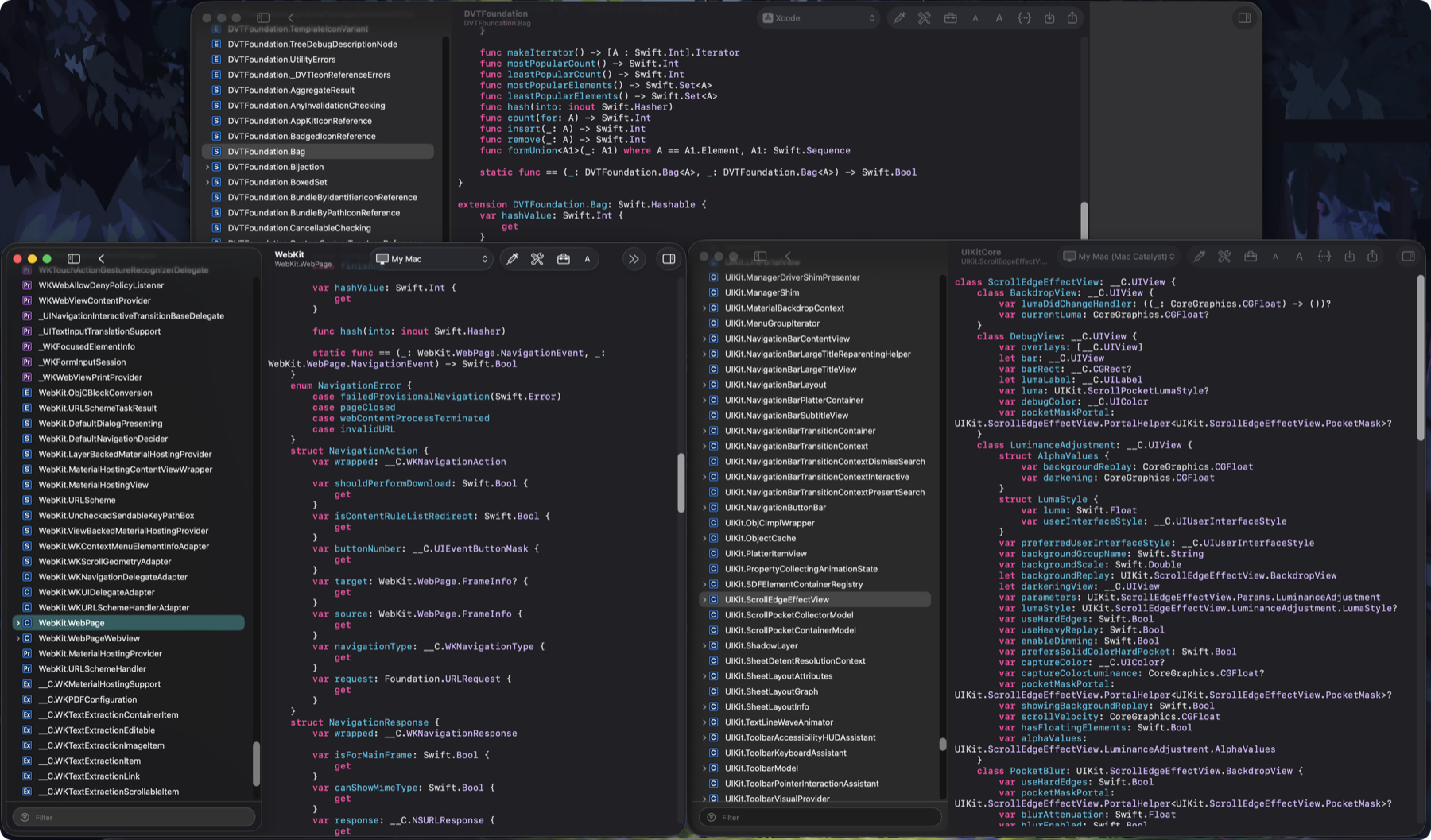 Runtime Viewer inspecting DVTFoundation, WebKit, and Catalyst UIKitCore side by side