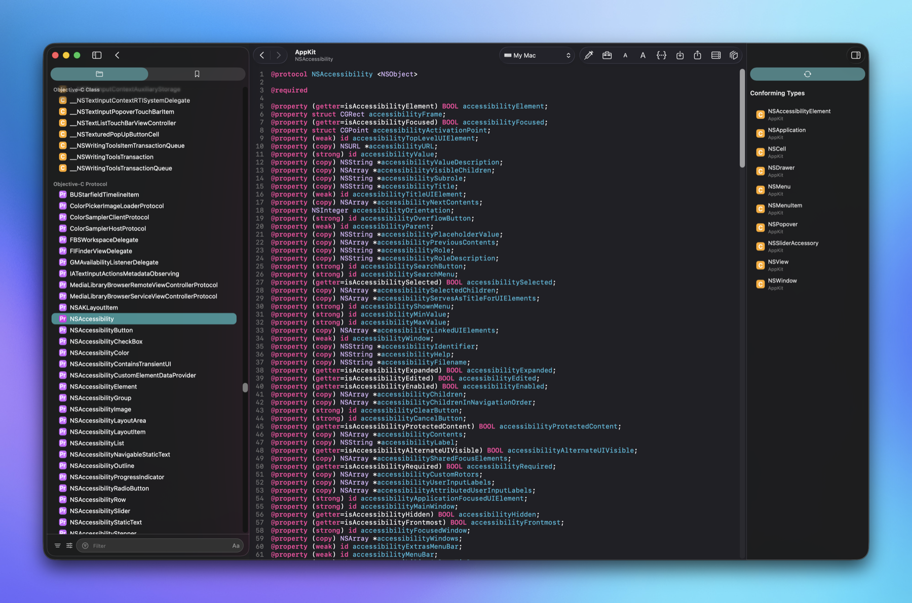 Objective-C protocol with conforming types listed in the inspector