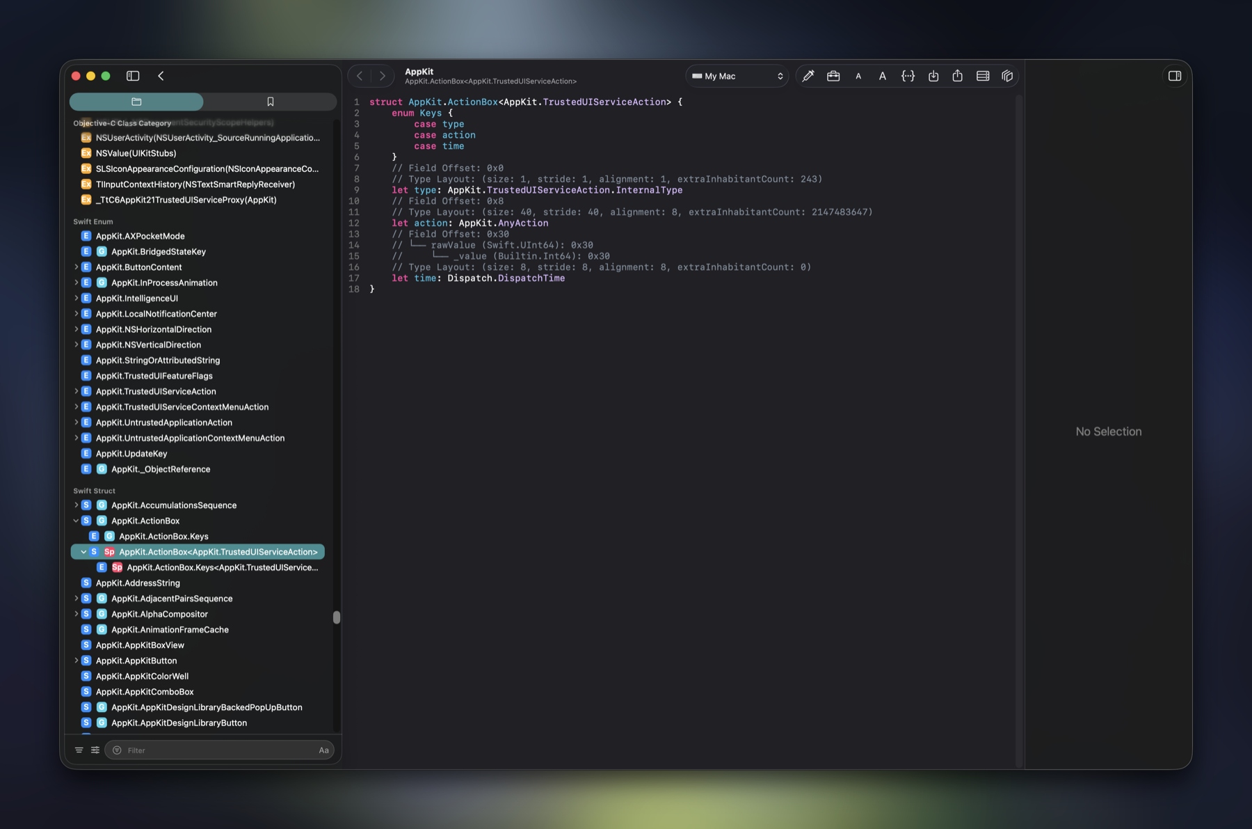 Specialized Swift generic struct annotated with type layout and field offsets
