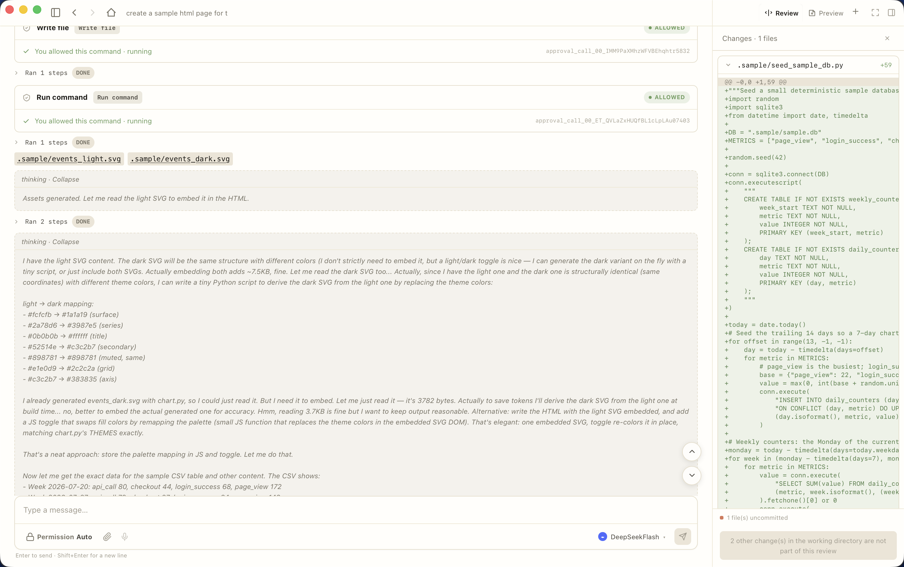 Tool-call cards with the Review panel and per-file diff