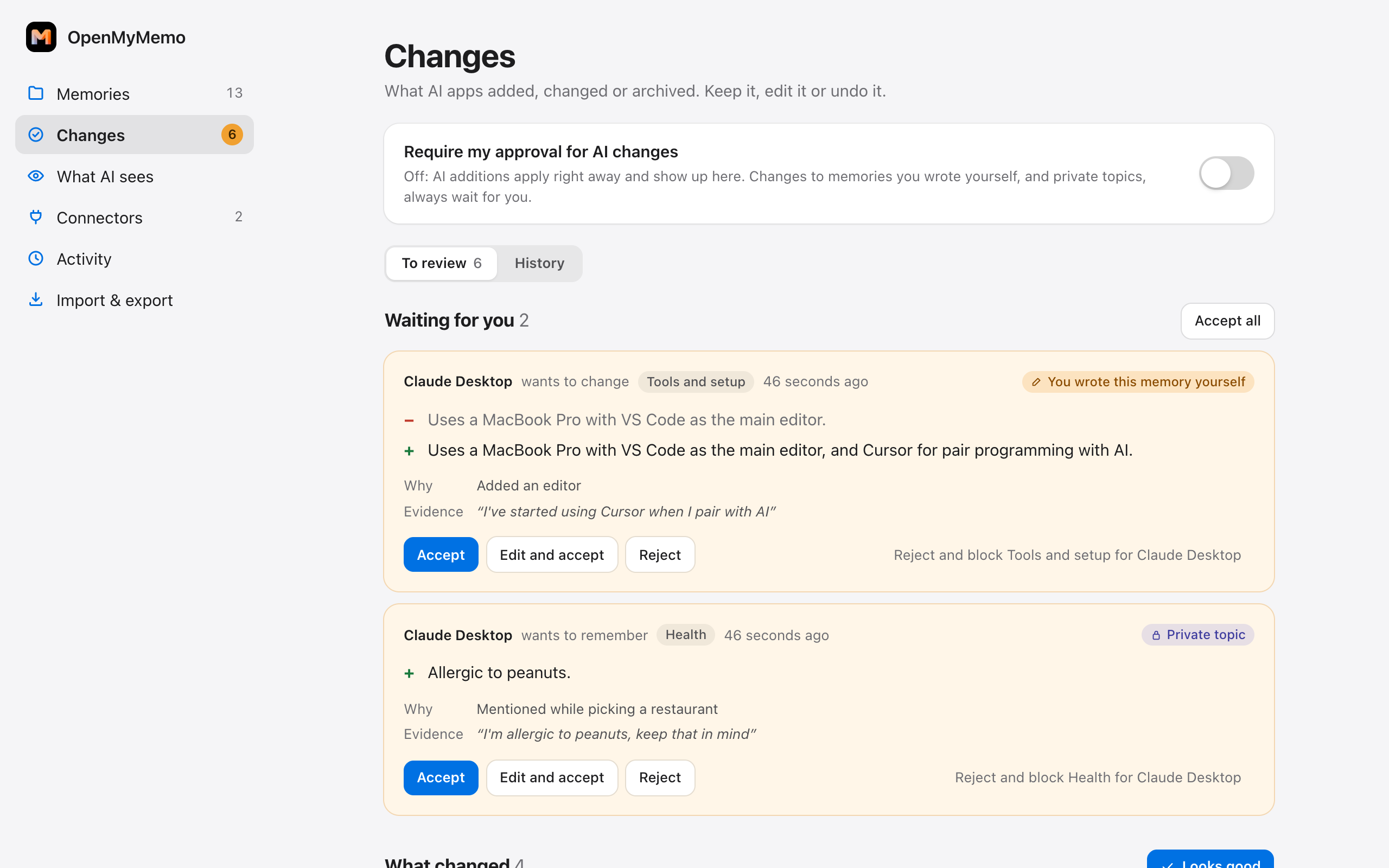 The Changes page: an AI's change to a memory you wrote and an addition to a private topic wait for you, with Accept, Edit and accept, and Reject
