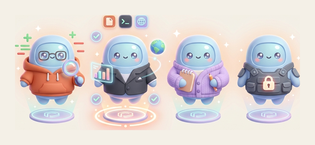 Outfit - a row of cute agent mascots, each wearing a different outfit