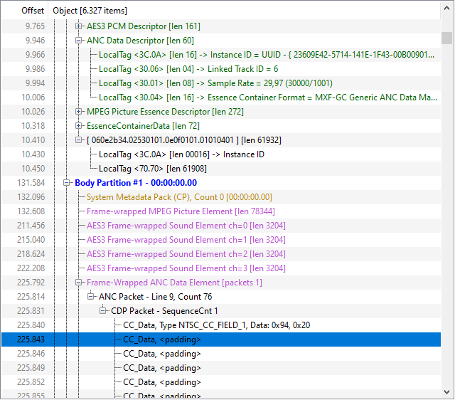 MXF Packs tree (with 'syntax' coloring, i.e. colorization based on MXF pack type)