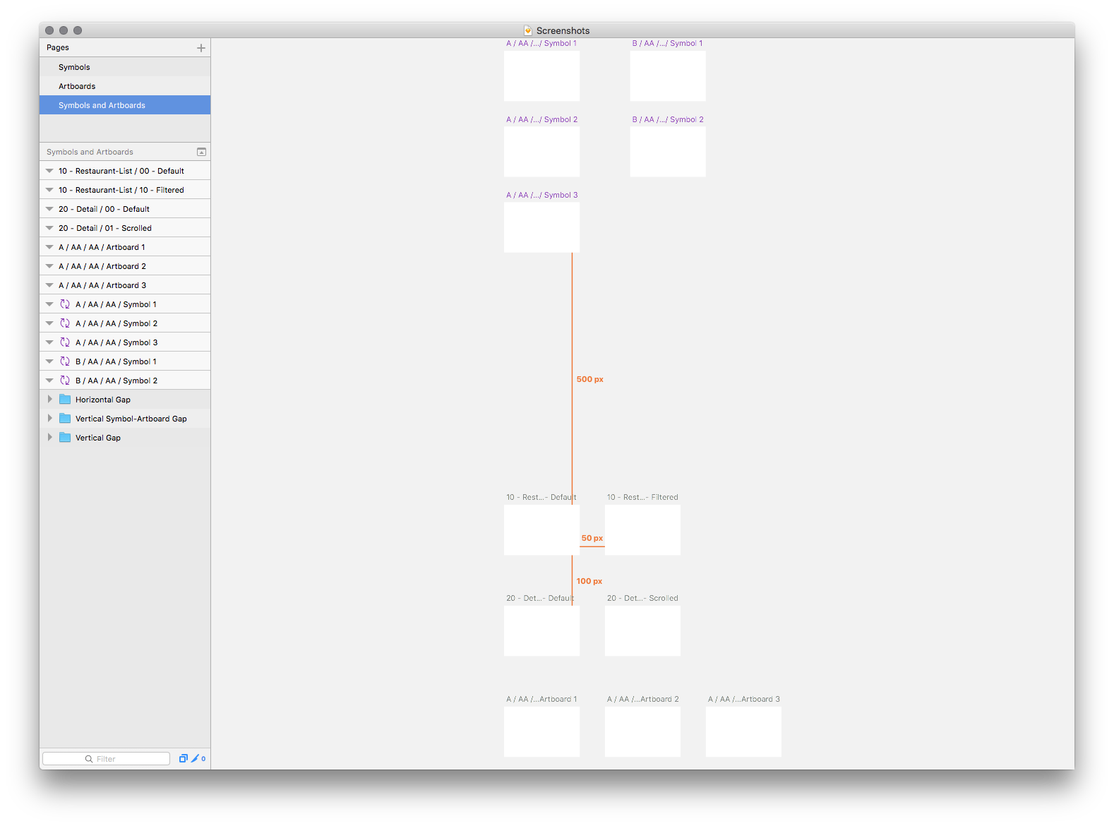 Organized page with symbols and artboards