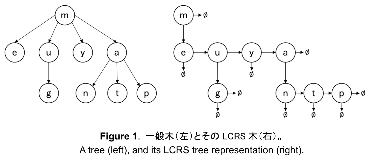 図1：一般木（左）とそのLCRS木（右）