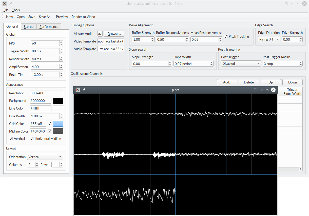 Screenshot of Corrscope and video preview