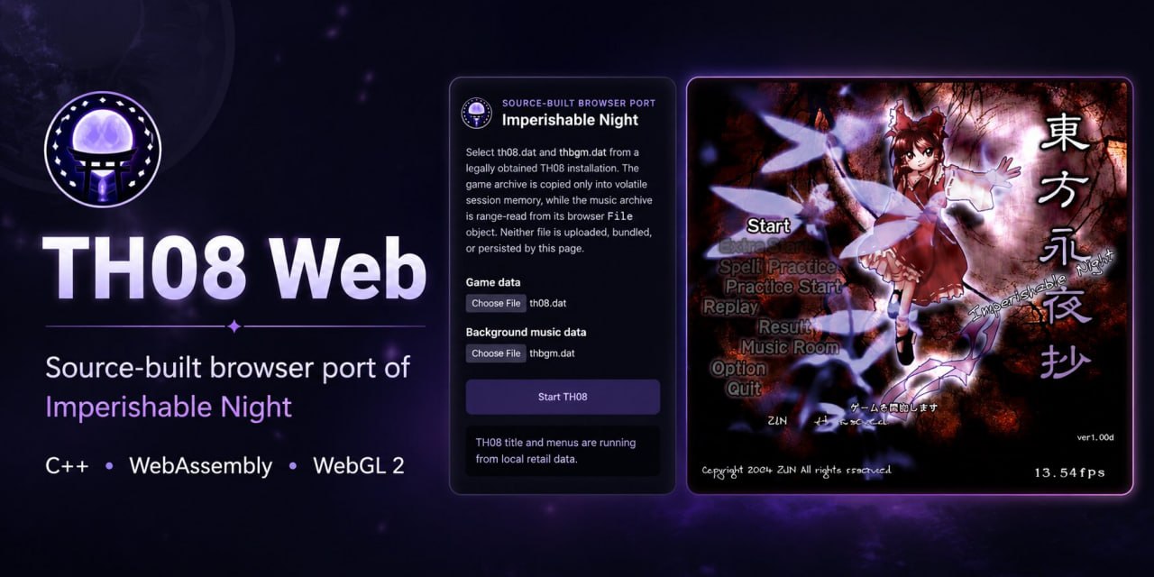 TH08 Web source-built browser port and Imperishable Night title screen