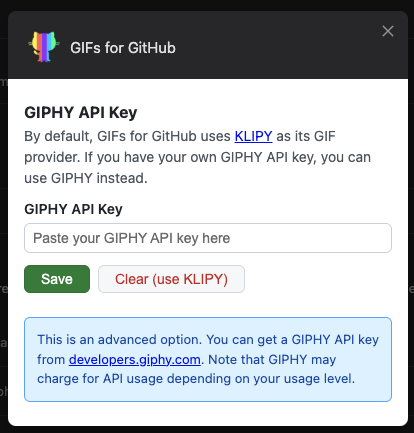Options page with GIPHY API key input