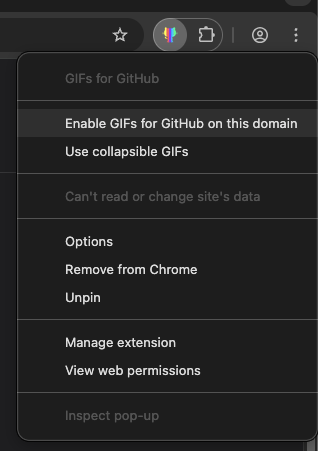 Right-click menu showing Enable GIFs for GitHub on this domain option
