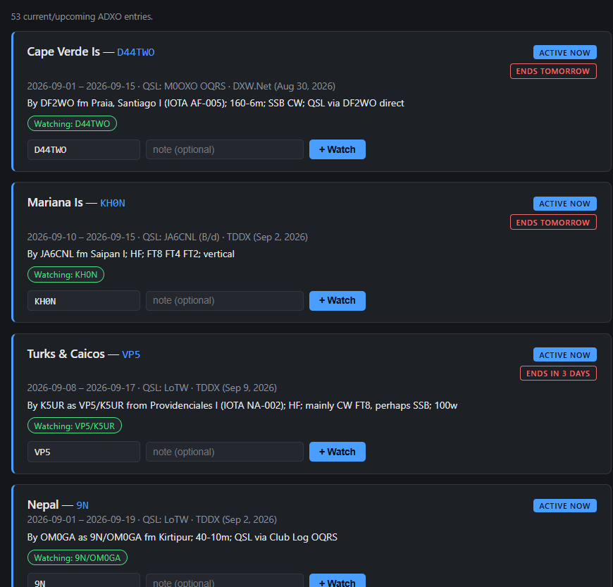 DXMon web curation page browsing NG3K Announced DX Operations